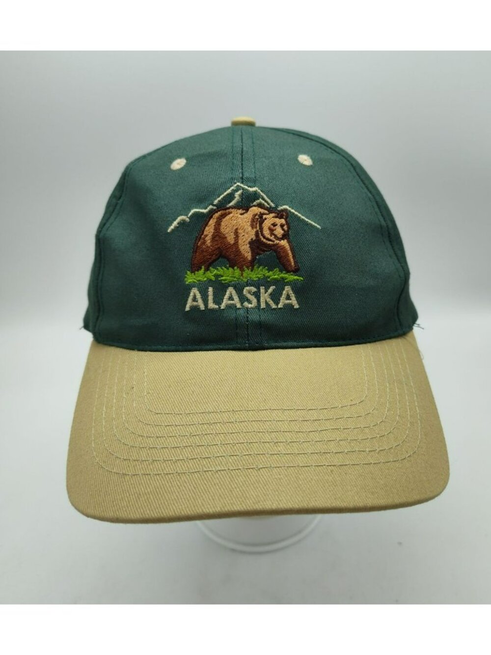 Alaska Bear Embroidered Snapback Cap Hat Alaska Shirt Co. Green Crown Tan Bill
